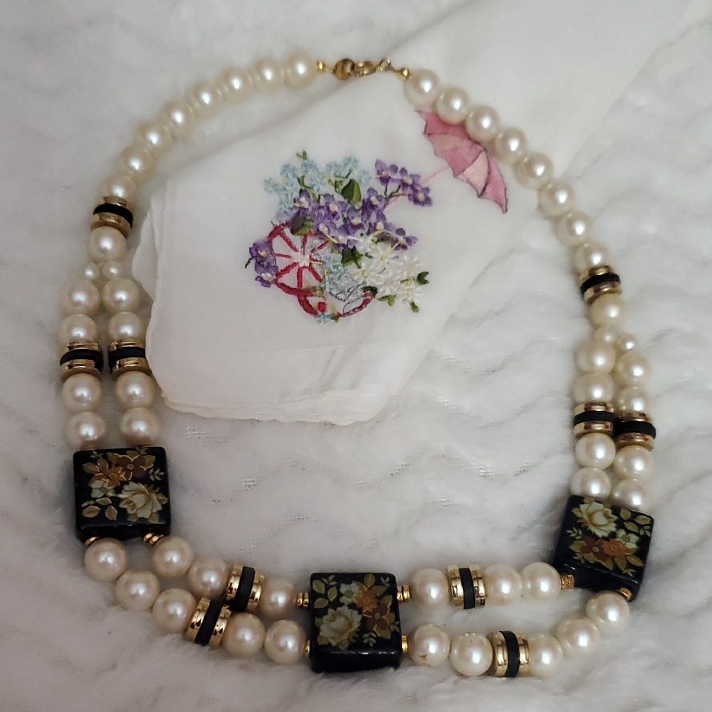 Vintage Faux Pearl and Black Floral Necklace